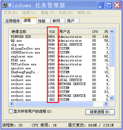 XP系统查看进程PID的方法