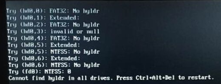 快速解决Windows7开机提示cannot find hyldr in all drives---