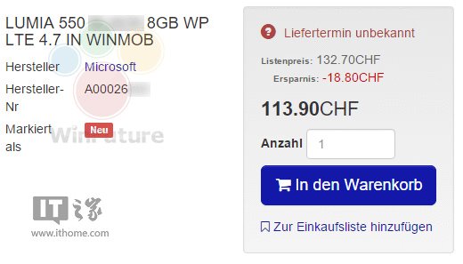 微软新Win10手机Lumia550配置参数及售价曝光